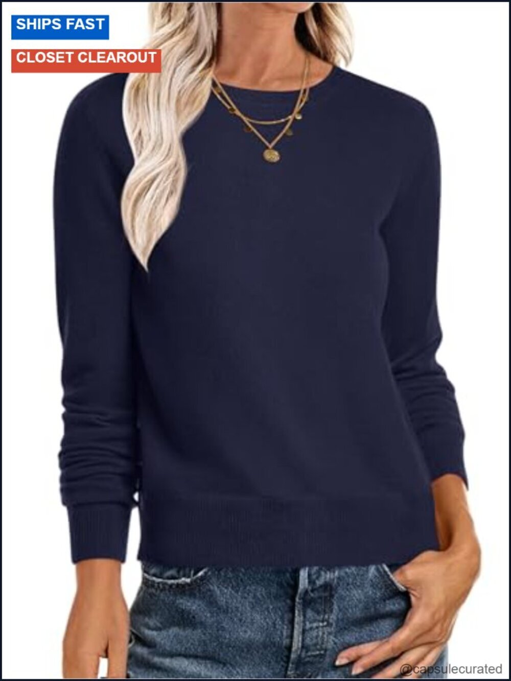 Lightweight Crewneck Long Sleeve Pullover Knit Sweater Women Classic Soft